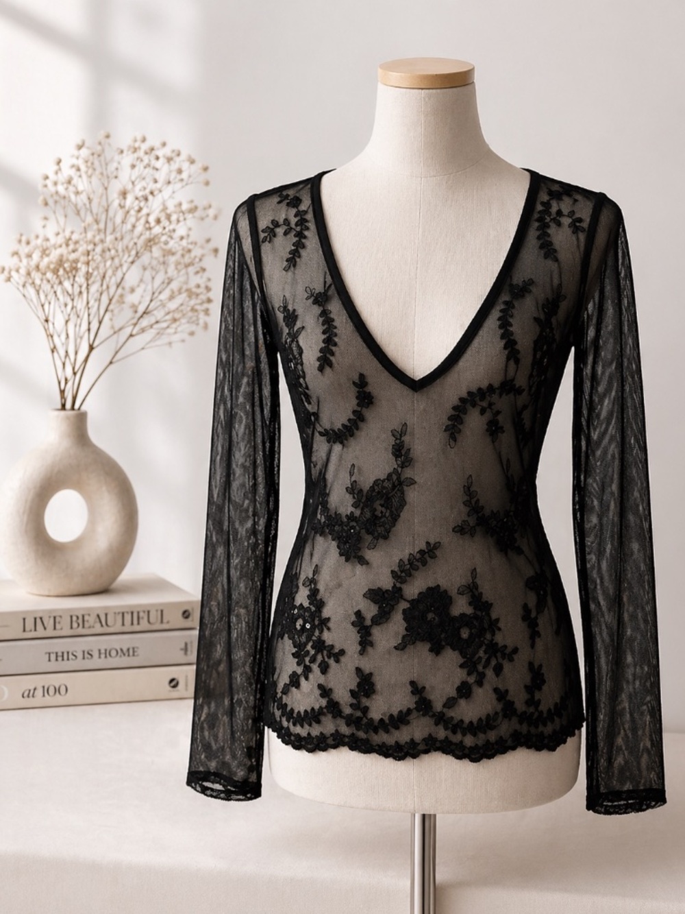 NY & Company Black Sheer Beaded Floral Blouse Cocktail Top NWT S - Picture 3 of 8